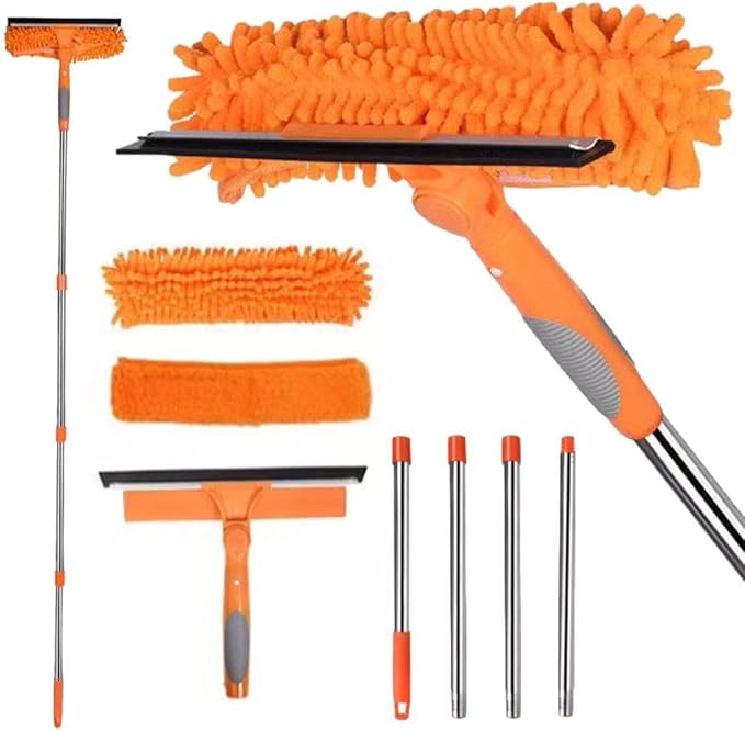 Window Squeegee Cleaner Kit - 2-in-1 Rotatable Window Cleaning Tool with Extension Pole Professional Streak-Free Squeegee with Bendable Head for Indoor/Outdoor Windows &amp Car Glass (Orange 38.45F