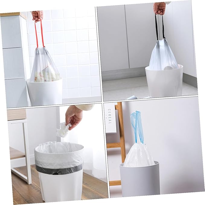 VILLCASE Disposable Drawstring Trash Bags 90pcs Portable Rubbish Bags with Handles Gray and White Color Mixed Suitable for Kitchen and Bathroom Waste Disposal Random Color