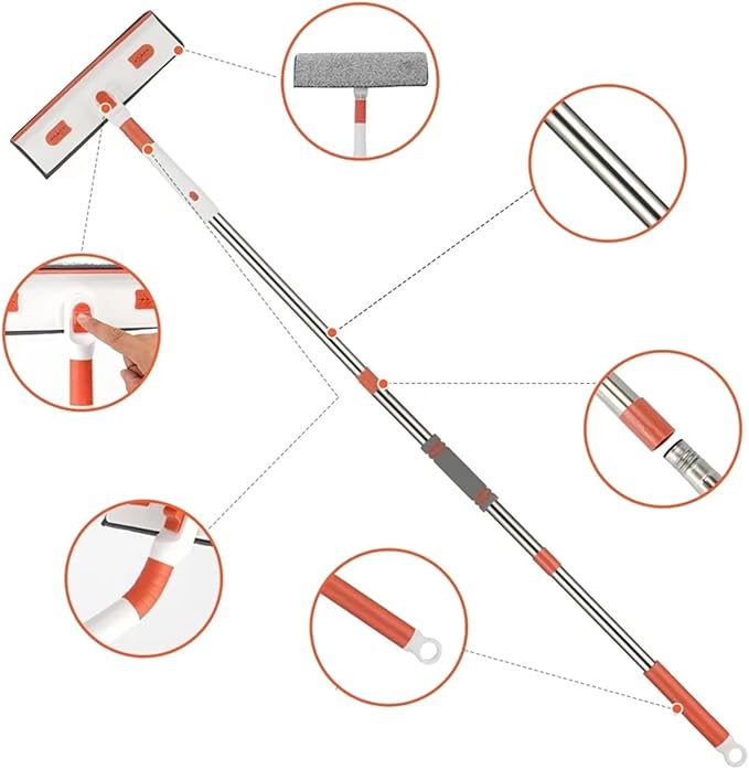 180° Rotatable Long Handle Window Mop – Glass Cleaner with Silicone Scraper and Brush – Household Cleaning Tool for High Windows(210cm - Hooks)