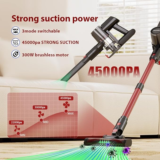 Cordless Vacuum Cleaner Home Lightweight Cleaner with LED Display 3 Modes 6 in 1 Stick Vacuum House Rechargeable of 45Min Detachable Battery Self-Standing Cleaner Floor Carpet Pet Hair