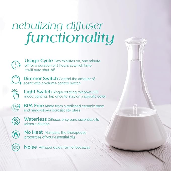 Opulence - Nebulizing Diffuser for Essential Oil/Aromatherapy with Pink Floral Ceramic Base and Pink Hand-Blown Glass with Touch Sensor Light Switch - No Heat No Water No Plastic