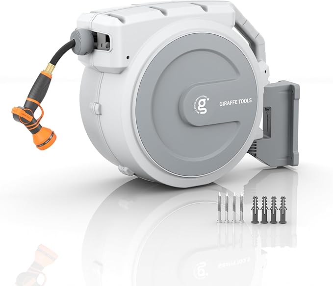 Giraffe Tools Retractable Garden Hose Reel 5/8 in x 90 ft Heavy Duty Hose Reel With 9 Pattern Nozzle Any Length Lock Wall Mount Water Hose Reel 180°Swivel Light Grey