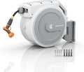 Giraffe Tools Retractable Garden Hose Reel 5/8 in x 90 ft Heavy Duty Hose Reel With 9 Pattern Nozzle Any Length Lock Wall Mount Water Hose Reel 180°Swivel Light Grey