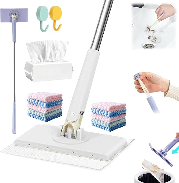 Snap Grip Mini Mop No Wash Lazy Mops Wet and Dry Zero Touch Convenient Automatic Cloth Changing Mini Mop Disposable Dust Mop with 10 Reusable Cloths for Multi Cleaning (White 28in)