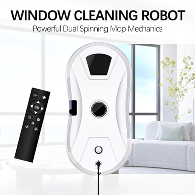Automatic Smart Window Cleaning Robot with Single Water Spray 5600Pa Suction Multiple Cleaning Modes &amp Remote Control UPS Backup &amp Safety Rope for High Windows Mirrors and Tiles (White)