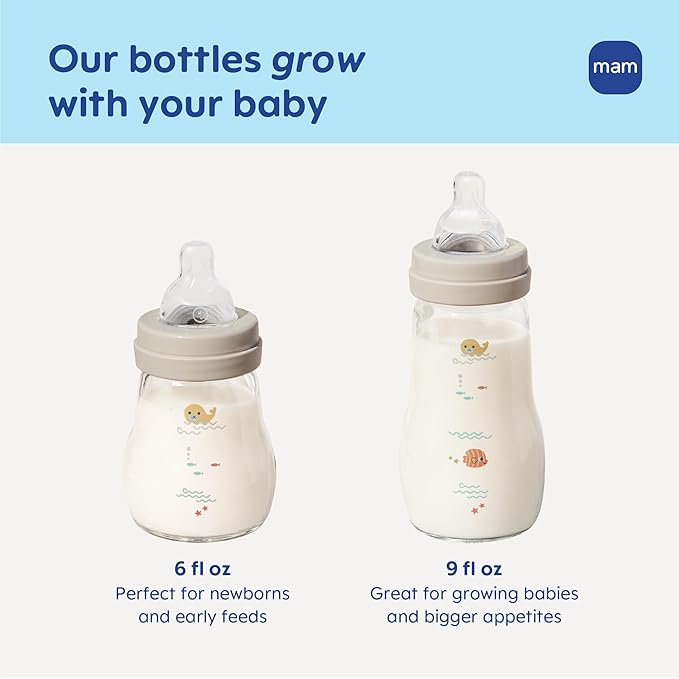 MAM 9oz Premium Glass Wide Neck Baby Bottle with Medium Flow Breastfeeding-Like Silicone Nipple Easy to Clean BPA Free 2+ Months Easy Switch Between Breast and Bottle Made in Europe 3 Pack
