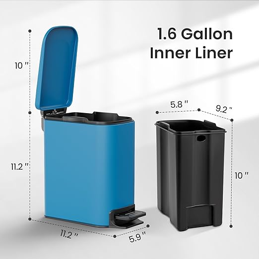 Cesun Small Bathroom Trash Can with Lid Soft Close Step Pedal 6 Liter / 1.6 Gallon Stainless Steel Garbage Can with Removable Inner Bucket Anti-Fingerprint Finish (Blue)