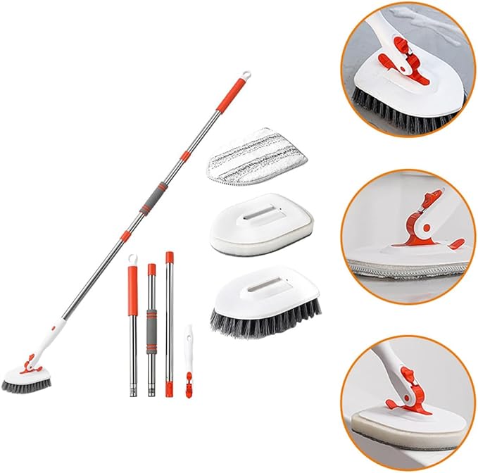 Grout Brush and Shower Floor Scrubber Set with Long Handle Hard Bristle and Fiber Cloth for Bathroom Tile and Tub Cleaning Multipurpose Bathroom Scrub Brush Kit for Stain Removal