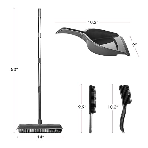 OVENTE Carpet Rake Rubber Broom for Pet Hair Removal with Squeegee Detailing Lint Fur Remover Brush Dustpan and 50” Handle Cleaning Tools Set for Rug Hardwood Floor Tile and Window Grey CT2504GY