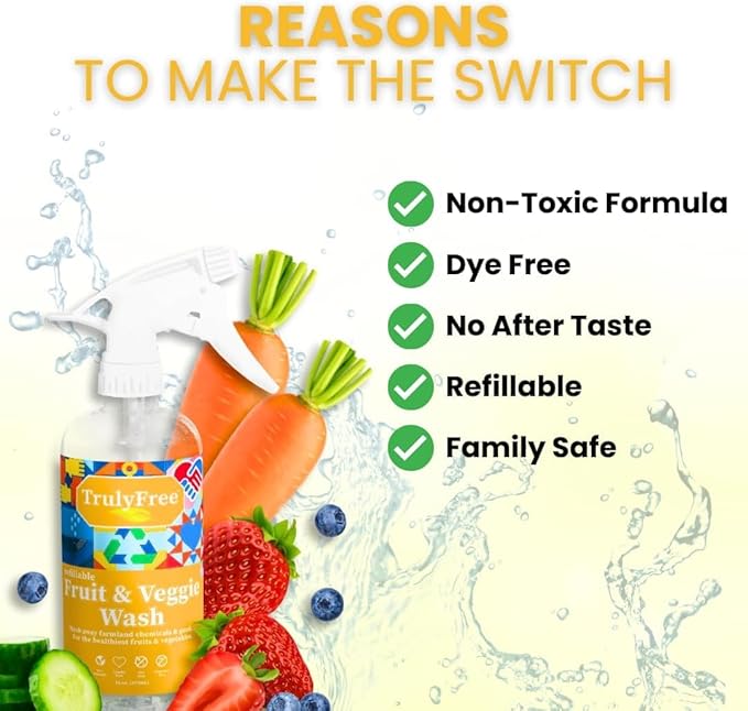 Truly Free Fruit and Vegetable Wash Refills | Veggie Wash Removes 99% Dirt &amp Wax | Plant-Based Produce Cleaner Spray | No Aftertaste Made in USA | Fragrance-Free 16oz (Pack of 3)