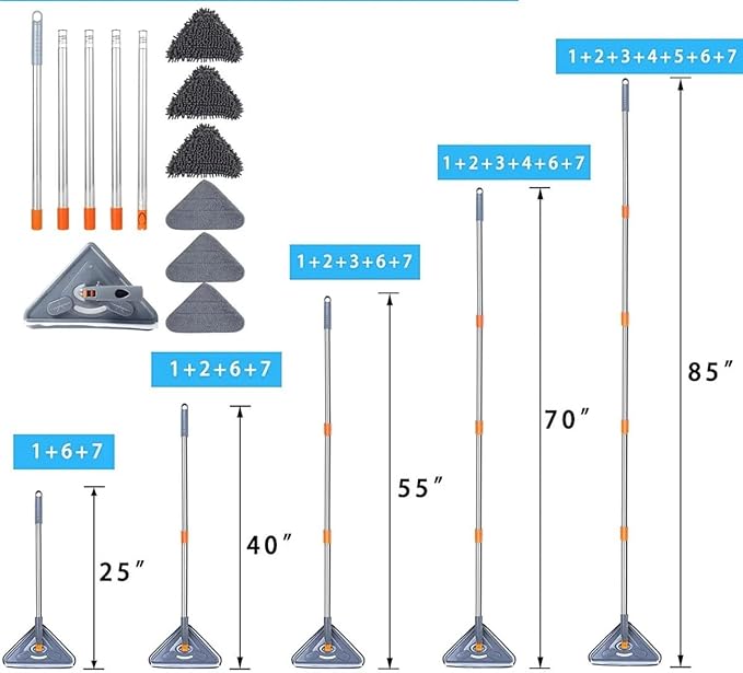 Wall Mop with Long Handle 360 ° Rotating Triangle Microfiber Cleaning Adjustable Dry and Wet Dust Cleaner for Floor