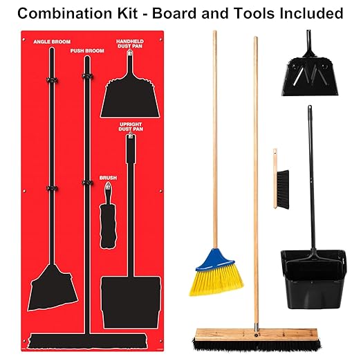 Clean &amp Sweep 5S Shadow Board/Wall Mount Broom Holder 68 x 30 Board 5S Cleaning Station - with Broom and Dustpan Set Included Made in The USA by AccuformNMC Red/Black PSB716RDBK