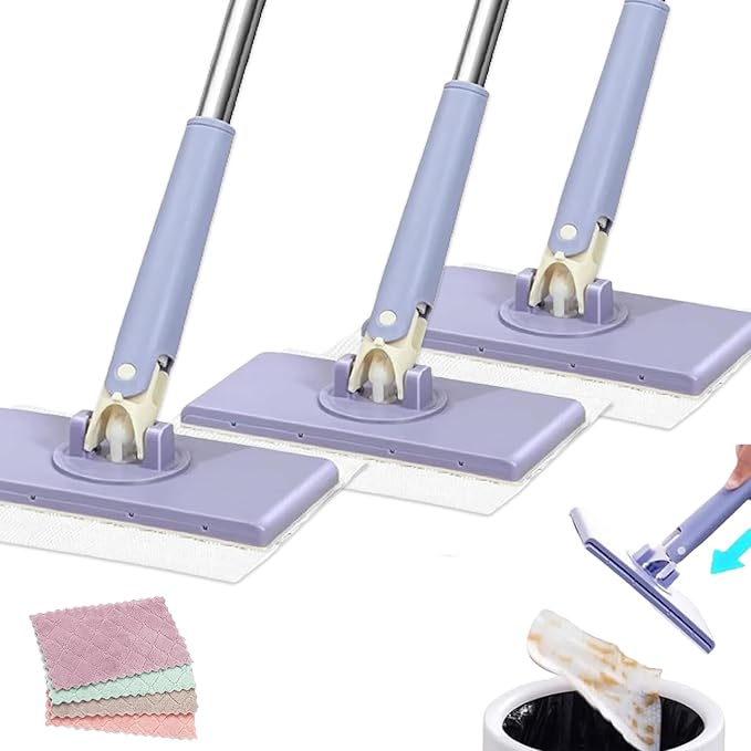 Lazy Mop Wet and Dry Clip No Wash Disposable Dust Push Pull Mini Mop Zero Touch Clever Automatic Cloth Changing Mops with 4 Reusable Cloths for Home (Purple3)