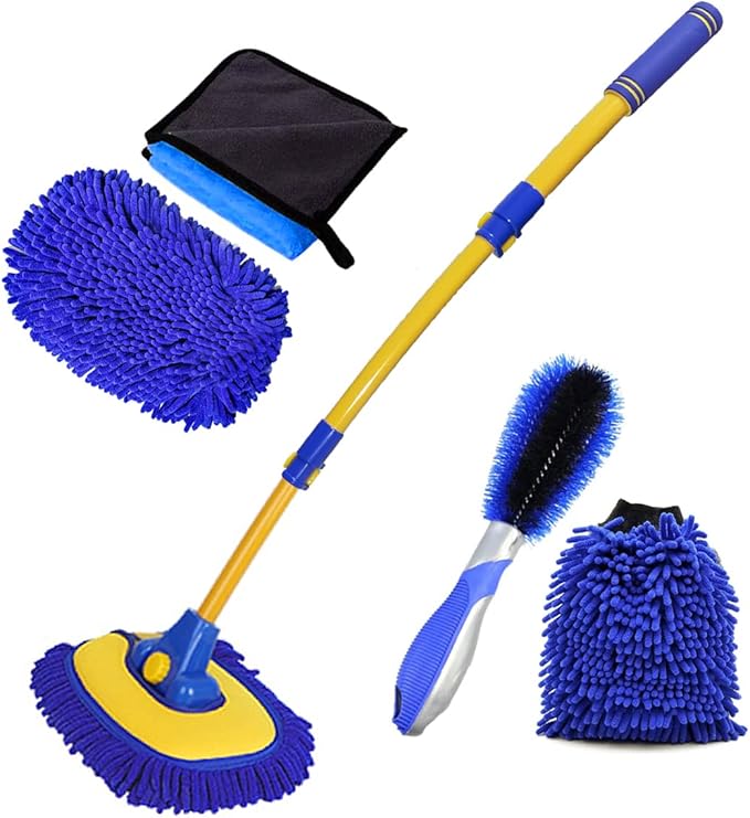 Car Wash Brush With Long Handle Chenille Microfiber Mop Mitt 1 Replacement Head Wheel Brush Extension Pole Cleaning Kit With Towels for Cars Trucks 5PCS