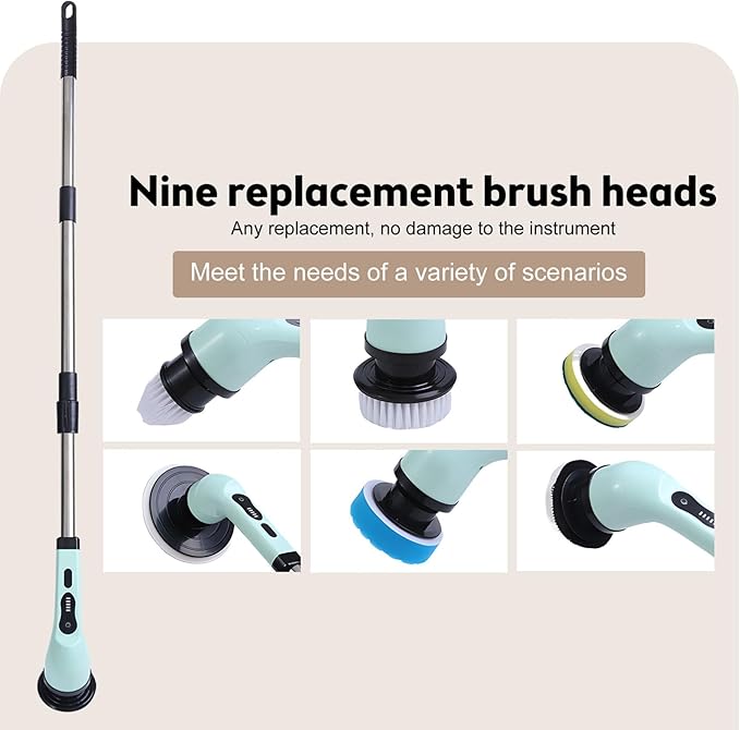 Cordless Electric Spin Scrubber with 9 Replacement Cleaning Heads IPX6 Dual Speed Adjustable Shower Cleaning Brush with Extension Arm for Bathroom (9 Replaceable