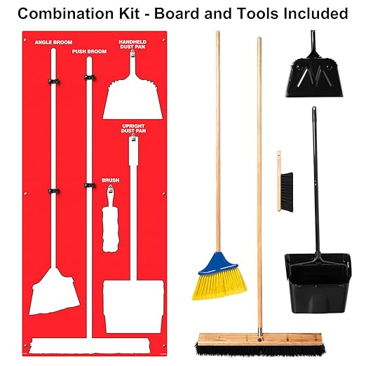 Clean &amp Sweep 5S Shadow Board/Wall Mount Broom Holder 68 x 30 Board 5S Cleaning Station - with Broom and Dustpan Set Included Made in The USA by AccuformNMC Red/White PSB616RDWT