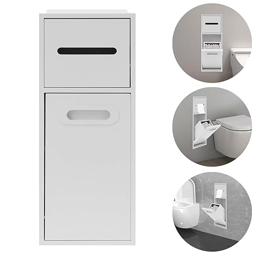 Bathroom Trash Can Tilt Out Trash Bin Cabinet Hidden Recessed Wall Mounted Stainless Steel with Toilet Paper Holder (White)
