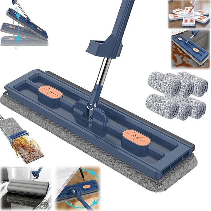 Large Flat MopMicrofiber Mop Self-Contained Dewatering Scraper 360° Rotating Magic Self Wringing Flat Stainless Steel Long Handle Mop Wall Cleaning 12027(Blue6PC)