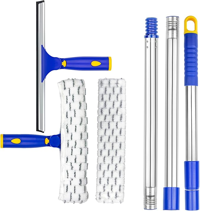 ITTAR Rotatable Window Cleaning Kit Glass Cleaner Tool with 60 Extension Pole Rubber Squeegee &amp 2 Microfiber Pads Combo Window Washing Equipment for Cleaning Shower High Windows Car Glass