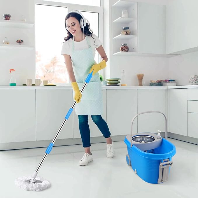 Spin Mop and Bucket with Wringer Set on Wheels 360° Spinning Mop Bucket System with 3 Microfiber Mop Replacement Heads and 61 Stainless Steel Adjustable Handle for Floor Cleaning (25QT)
