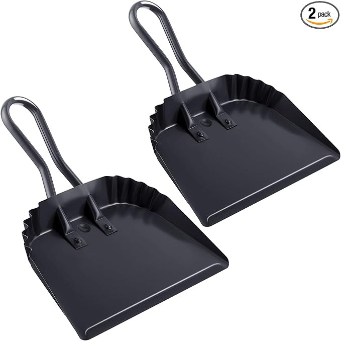 Mumufy 2 Pcs 12 Inch Heavy Duty Metal Dustpan Stainless Steel Large Wide Dust Pans for Household Handheld Scooper Debris Cleaning Tool for Home Garage Studio Courtyard Indoor Outdoor(Black)
