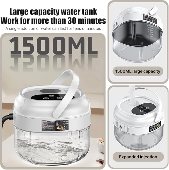 Pressurized Handheld Multi-Surface Steam Cleaner with 3 Brushes and Extended Rod for Home Portable DeepSteamer with 6 Gear Adjustable Digital Touch Screen 1500ml Water Tank for Kitchen