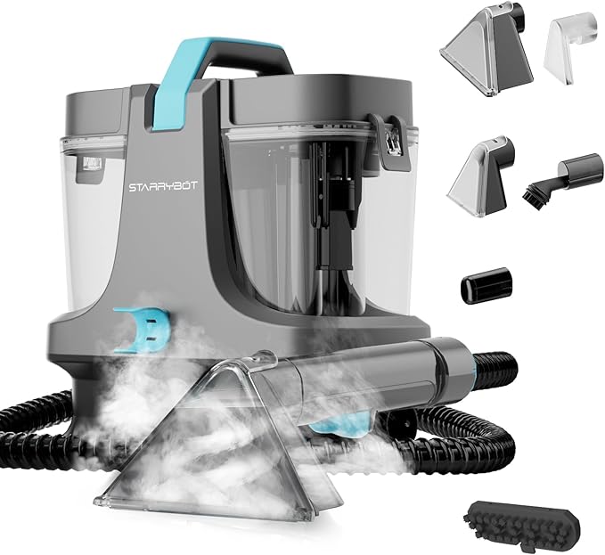 Portable Carpet Cleaner Machine with Steam and Heating Techology18Kpa Powerful Suction with Versatile Tools for Pets CouchSpot Cleaner for Stairs/Furniture/Rug(Gray)(AC0201)