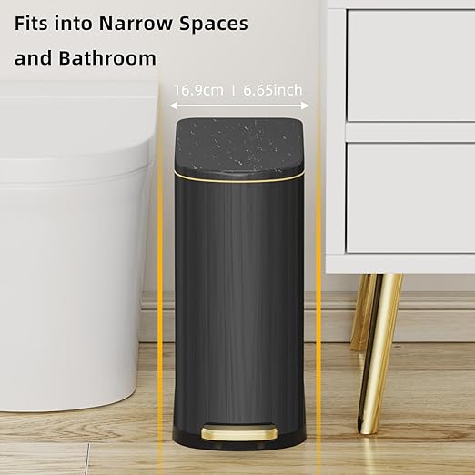 2.6 Gallon Slim Bathroom Trash Can with Soft-Close Foot Pedal 10L Stainless Steel Garbage Can with Removable Liner Bucket for Narrow SpacesBathroom Bedroom (Titanium Black)