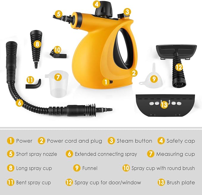 Dr. Purifier Handheld Pressurized Steam Cleaner with 9-Piece Accessory Set - Multi-Purpose and Multi-Surface All Natural Chemical-Free Steam Cleaning for Home Auto Patio More