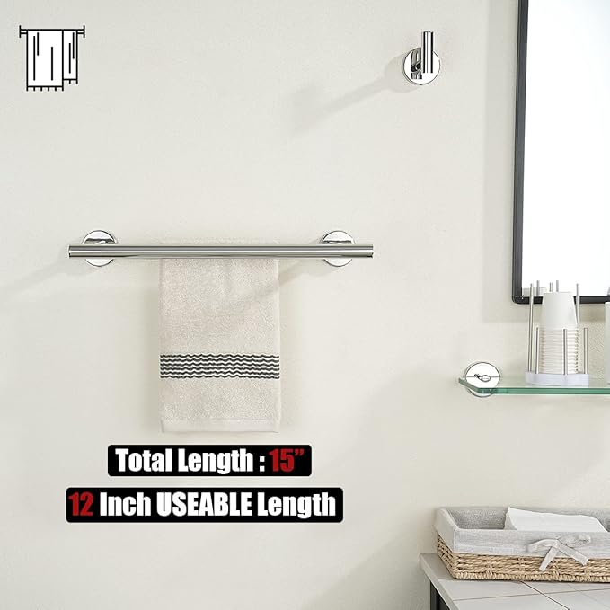 JQK Double Towel Bar Chrome 15 Inch 304 Stainless Steel Thicken 0.8mm Towel Rack Holder for Bathroom Washcloths and Hand Towels Polished Steel Wall Mount Useable Length 12 Inch TB100L12-CH