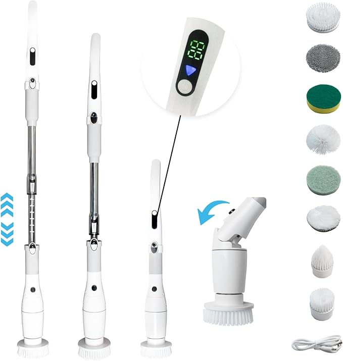 Electric Spin Scrubber with LCD DisplayShower Scrubber with Long HandleCordless Power Cleaning Brush with 8 Brush Heads Electric Scrubber for Bathroom Kitchen CleaningIPX7 Waterproof