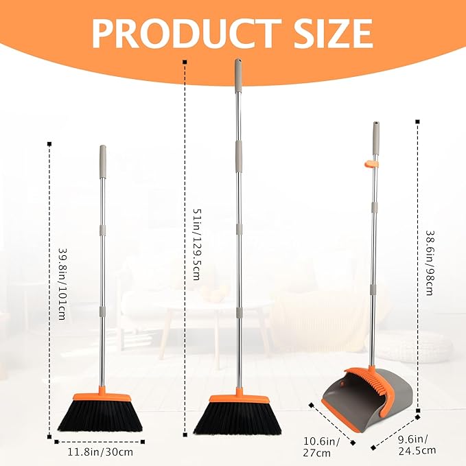 2-Pack Broom and Dustpan Set with Long Handle Heavy Dust Broom and Dustpan Combo for HomeKitchen Office Pet Hair(Gray Orange)