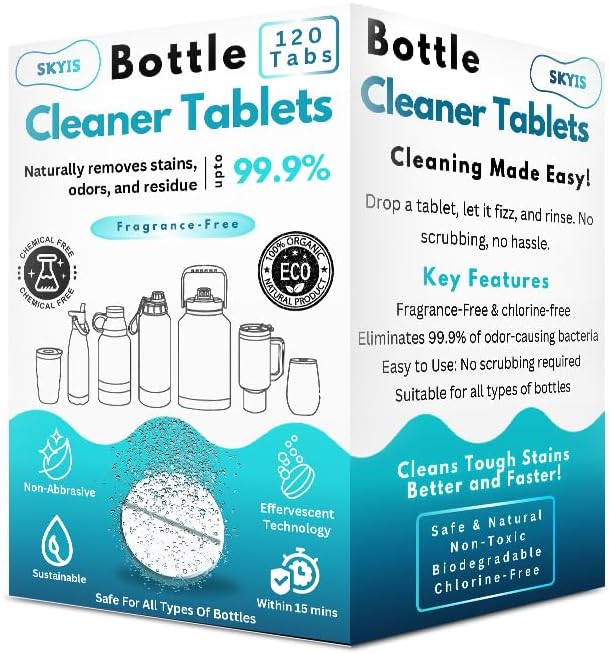 120 Pcs Water Bottle Cleaning Tablets Bottle Cleaning Tablets for Stainless Steel Water Bottles &amp Tumblers Bottle Cleaner tablets are ideal cleaner for all Water Bottles Removes Odor &amp Stai