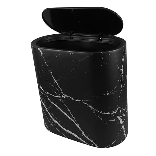 Happyyami Slim Marble Trash Can Compact Plastic Wastebasket with Lid for Bathroom Kitchen Office Bedroom Stylish Narrow Garbage Bin for Efficient Space Utilization