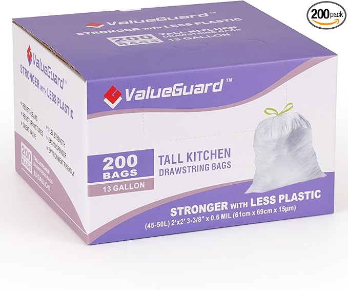Trash Bags Garbage Bag 13 Gallon Drawstring Tall Waste Bag for Kitchen Office Party 0.6 Mil (200 Count)