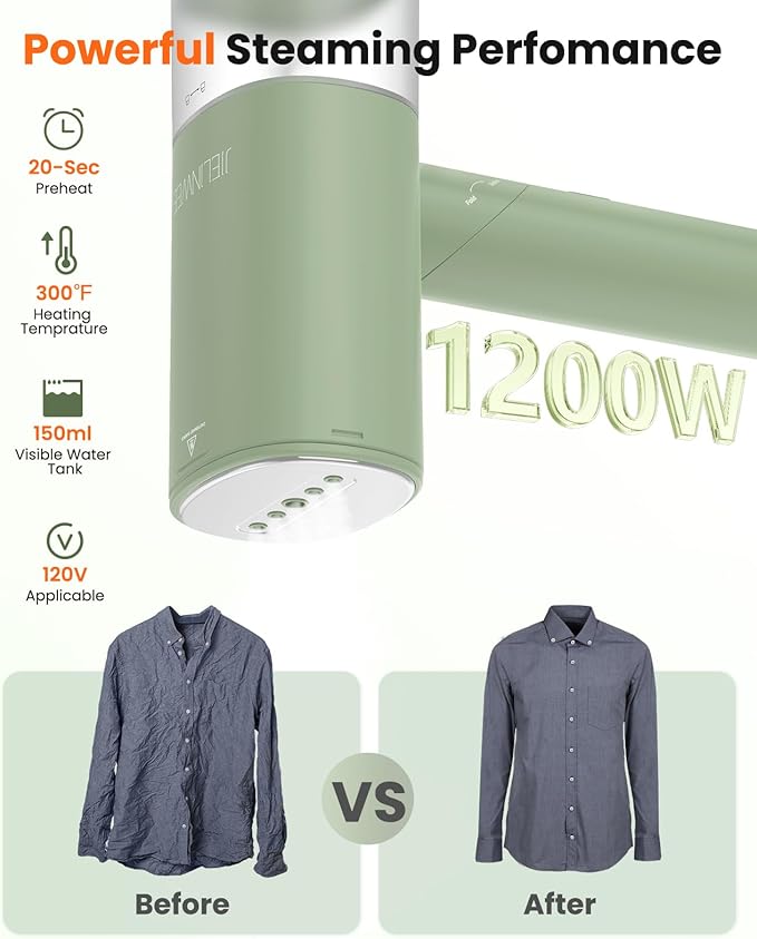 Handheld Steamer for Clothes 1200W Foldable Travel Steamer 20 Sec Preheat Garments Wrinkle Remover 120V Portable Hand Iron with 150ml Water Tank Clothes Steamer for Home Travel-Green