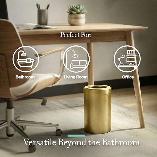 Gatco Small Bathroom Trash Can with Lid Round 3 Gallon Stainless Steel Wastebasket Under Sink Brushed Brass for Bathroom Bedroom Office (1910B)