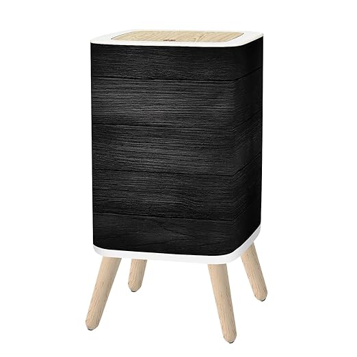 Small Trash Can with Lid Black Grey Wooden Plank wall Texture Old Natural Pattern 2.6 Gallon/10L Garbage Can Waste Bin with Pop-Up Lid Wood Legs Wastebasket for Bathroom Kitchen Bedroom