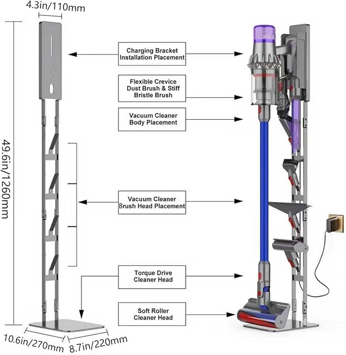 Vacuum Stand for Dyson V15 V12 V11 V10 V9 V8 V7 V6 DC30 DC31 DC34 DC35 DC58 DC59 DC62 DC74 Handheld Cordless Vacuum Cleaner - Carbon Steel Storage Rack Holder with Anti-Tip Design