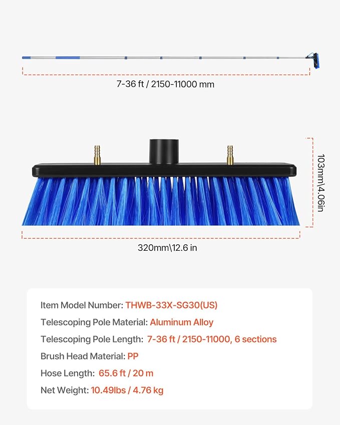 VEVOR Water Fed Pole Kit 36FT Solar Panel Cleaning Pole with Extendable Handle 180° Rotatable Brush Head &amp 65.6FT Hose Household &amp Outdoor Window Cleaner Tool for Caravan Solar Panel Deck