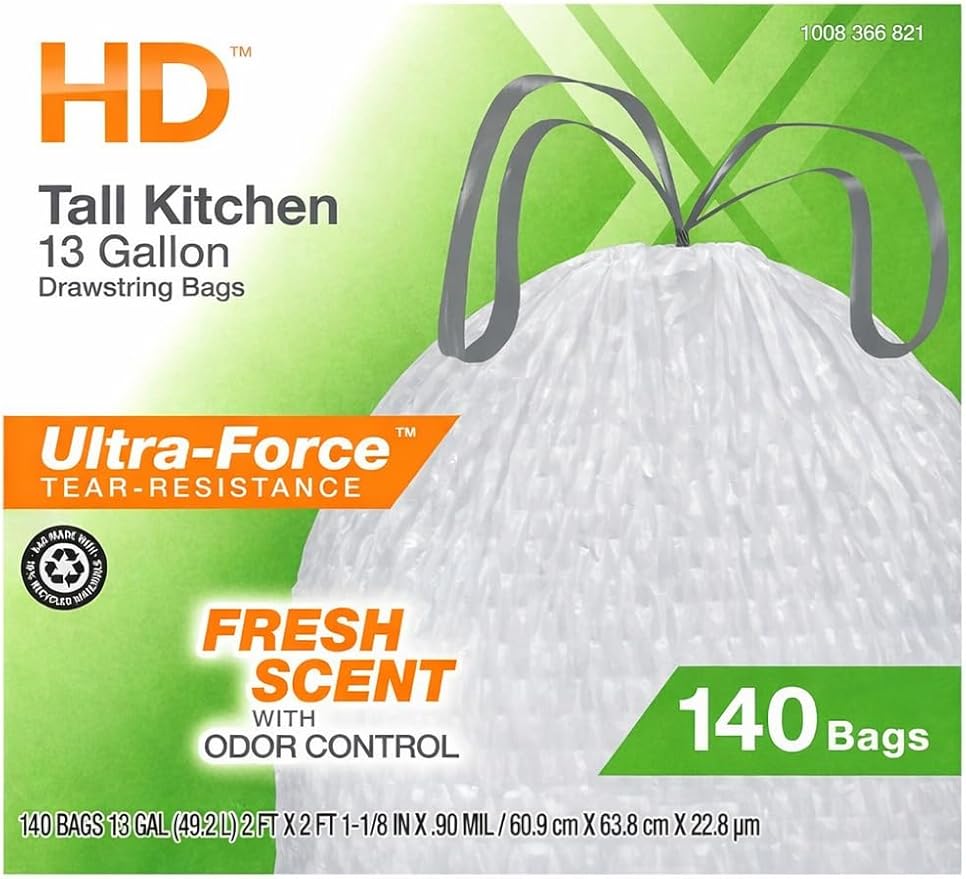 Tall Kitchen 13 Gallon Drawstring Trash Bags Fresh Scent with Odor Control Strong &amp Leak Resistant 0.90 Mil Thickness 140 Count