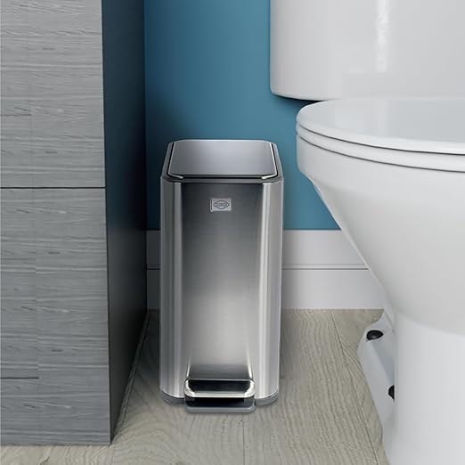 Clorox Slim Trash Can - 2.6 Gallon (10 Liter) Small Metal Trash Can with Soft Close Lid Step Pedal Removable Bucket - Stainless Steel Waste Bin for Narrow Spaces Bathroom and Office