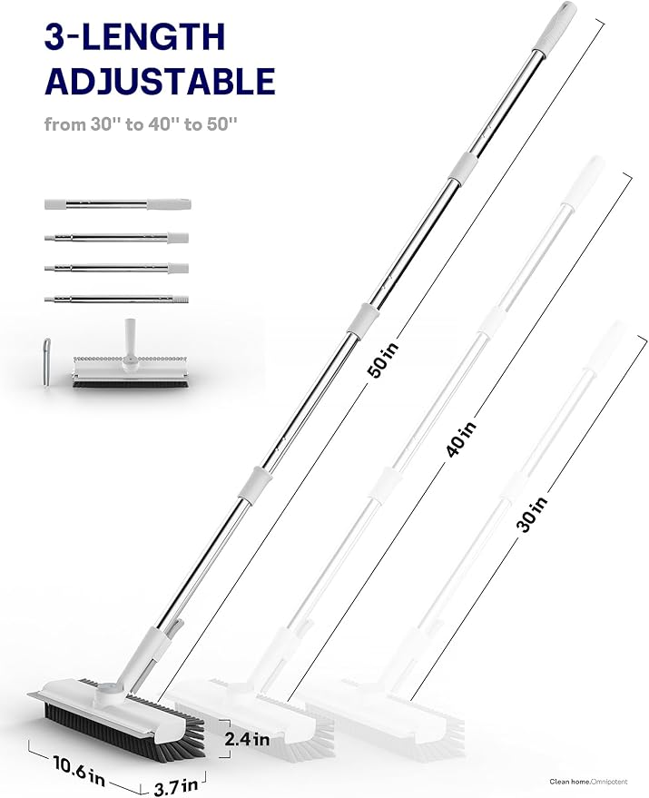 Floor Scrub Brush with Long Handle 3 in 1 Scrape and Heavy-Duty Stiff Bristle Floor Scrubber Brush with Squeegee and Tweezer for Cleaning Tile Wall Deck Bathroom Patio Garage Kitchen (White)
