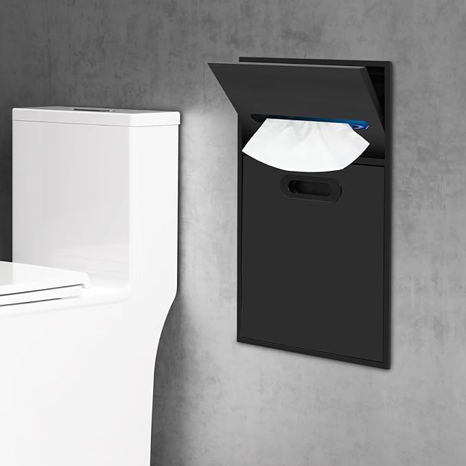 Hidden Recessed Trash Can with Toilet Paper Holder 1.59 Gallon 304 Stainless Steel Wall Mounted Bathroom Bin Space Saving Toilet Tissue Dispenser &amp Garbage Can Combo (Black)