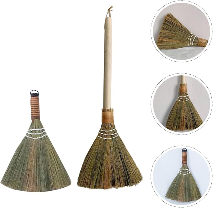 PRETYZOOM 2pcs Handle Soft Broom Set Hand Woven Small and Large Miscanthus Sweeping Brooms with Detachable Long Pole Manual Dust Removing Cleaning Tools for Home and Desktop Use