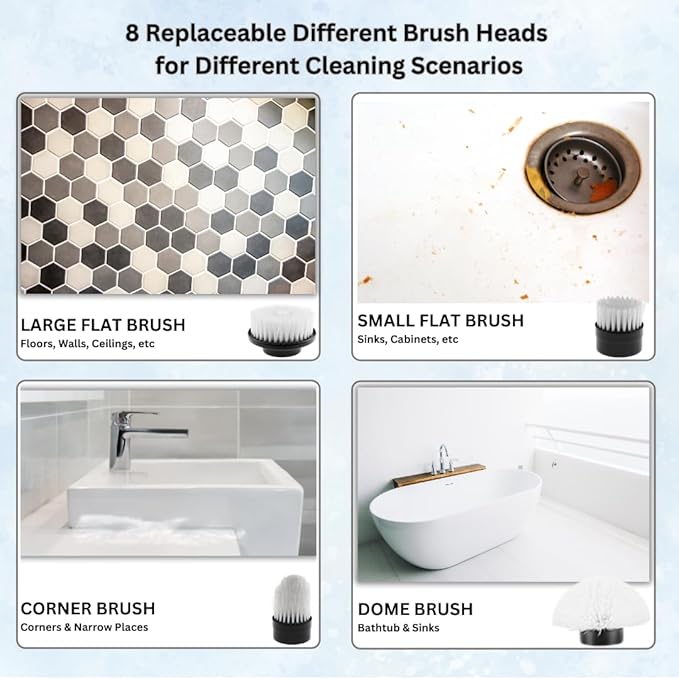 Electric Spin Scrubber Cordless Cleaning Brush with 8 Replaceable Heads Adjustable Handle Dual Speed Power Scrubber for Bathroom Bathtub Floor Tile and Kitchen Cleaning