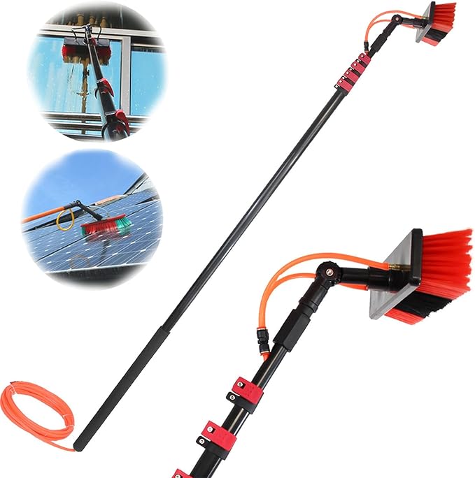 Window Cleaning Pole Kit Window Cleaning Brush with Extended Handle and Water Hose Solar Panel Cleaning Kit with Extension Pole High Window Cleaning Professional Telescoping Pole29FT/9M ()