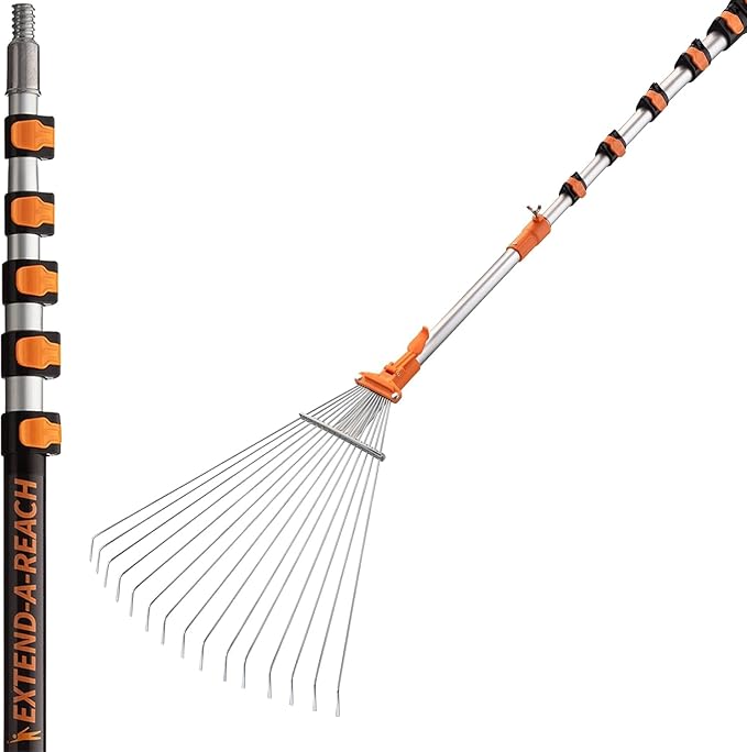 5-24 ft Telescoping Roof Rake 30 ft Reach // Collapsible Roof Rake for Leaves and Pine with Extension Pole // Roof Cleaning Tool for Gardening and Lawns // High Reach Adjustable Metal Leaf Raker