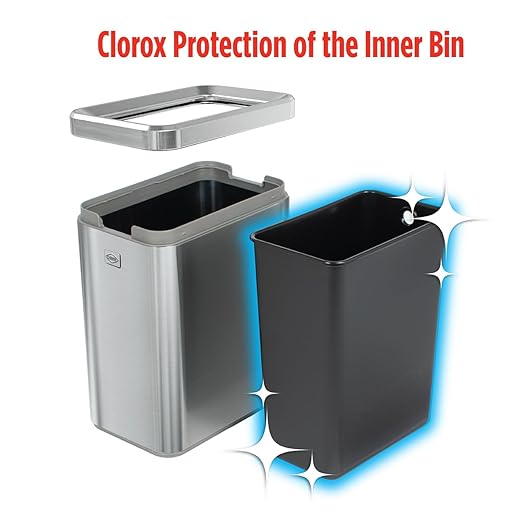 Clorox Slim Open Trash Can - 2.6 Gallon (10 Liter) Small Metal Waste Basket with Removable Bucket for Narrow Spaces - Stainless Steel Garbage Bin for Bathroom Bedroom or Office