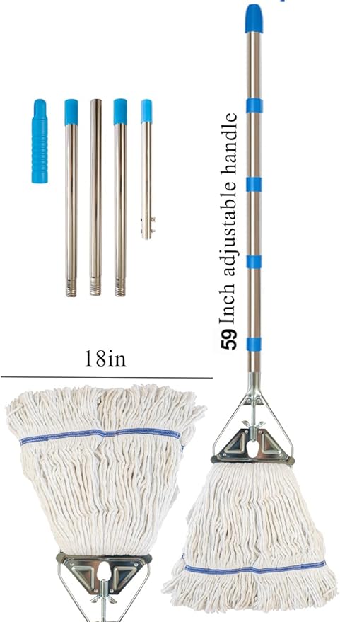 Heavy‑Duty Looped‑End String Wet Mop with Extra Mop Head – 59″ Stainless Steel Pole Large 450 g Cotton Yarn Head for Commercial &amp Industrial Cleaning with Extra Mop Head